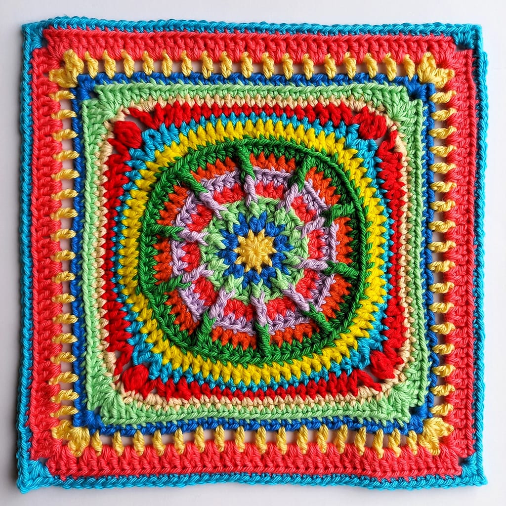 a colourful granny square pictured from above with a wheel in the centre