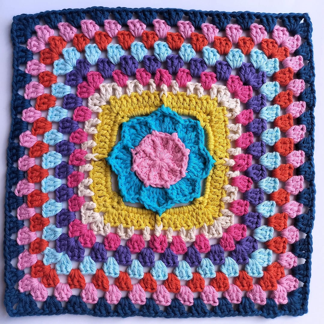 a colourful crocheted granny square