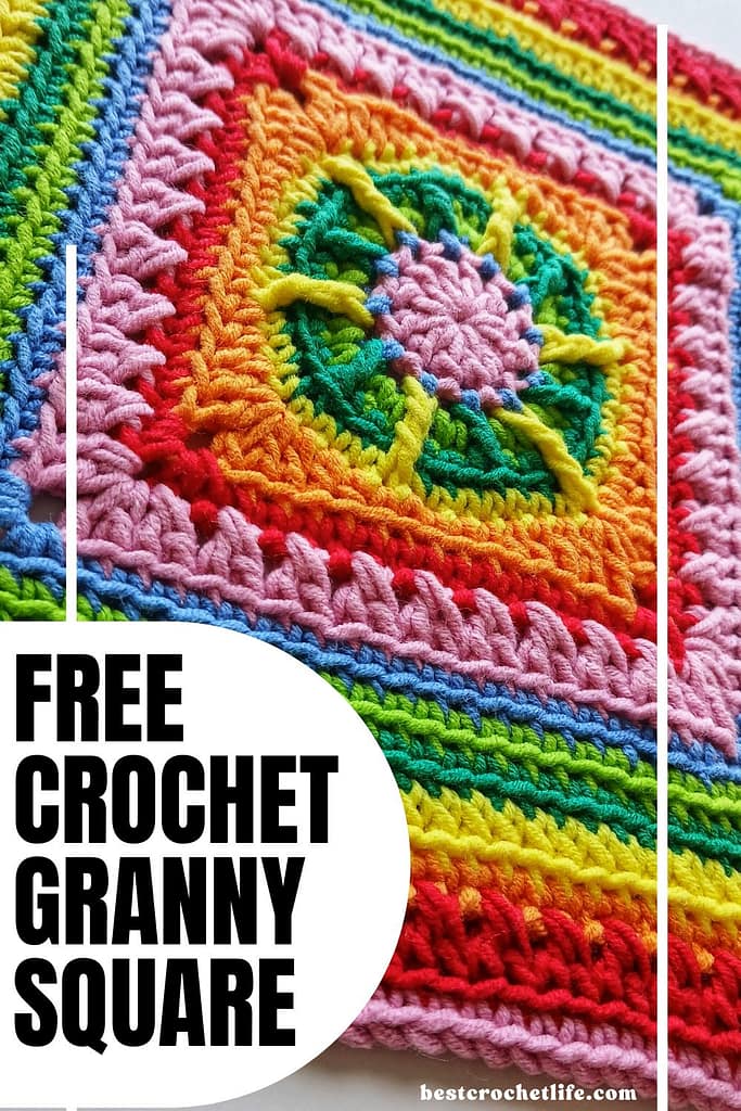 an image of the crochet granny square in the instructions on the blog made in rainbow colours and shown in close up at an angdle with text overlay "free crochet granny square"